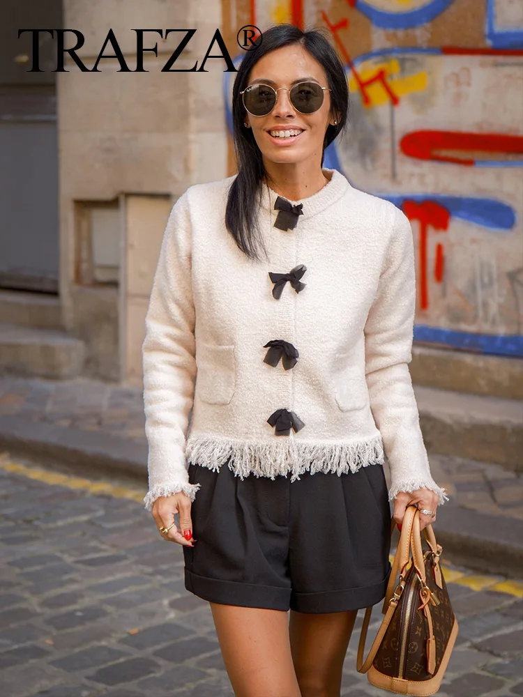 TRAFZA 2024 женский кардиган с кисточками однотонный бежевый однобортный осенний