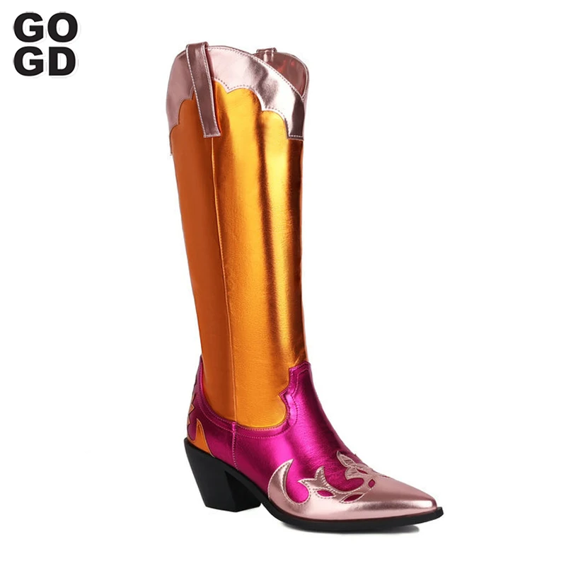 

GOGD Fashion Women's Metallic Cowboy Boots Pink Western Cowgirls Mid-Calf Boots Chunky Heels Designer Embroideried Knight Shoes