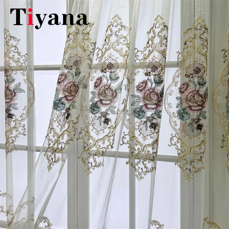 

French Luxurious Peony Embroidery Sheer Tulle Curtains For Living Room Bedroom Cotton Linen Lace Curtains Villa Hotel Drapes