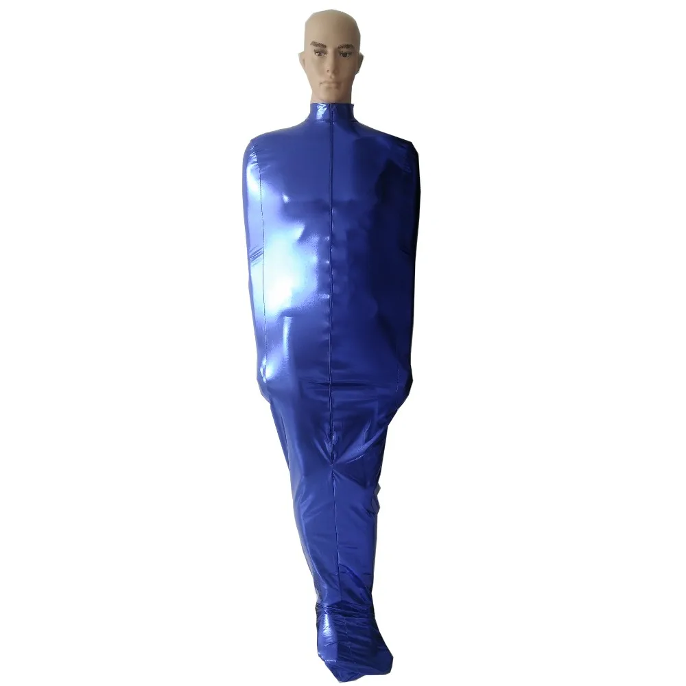 Blue Shiny Metallic Unisex Mummy Costumes Body Bags With internal Arm Sleeves Sleeping Bag Sexy Catsuit Halloween Cosplay suit