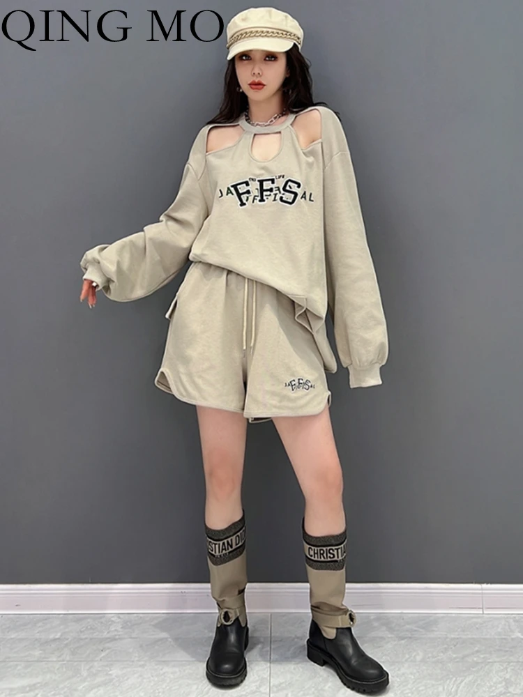 

QING MO 2023 Spring Summer New Korean Fashion Hollow Top + Casual Shorts Two-piece Set Women Streetwear ZXF409