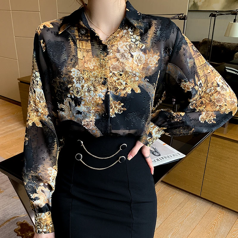 

Chiffon Women's Blouse Printing Shirt Summer Grace Long Sleeve Top Fashion New High Street Female Clothing