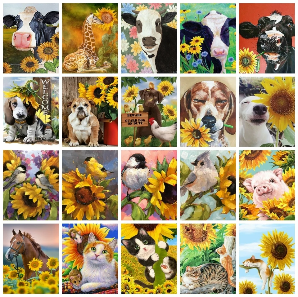 

AZQSD Acrylic Painting By Numbers Sunflower Animal Cow Dog Birds Home Decor Gift Handmade Picture By Numbers Gift Home Decoe