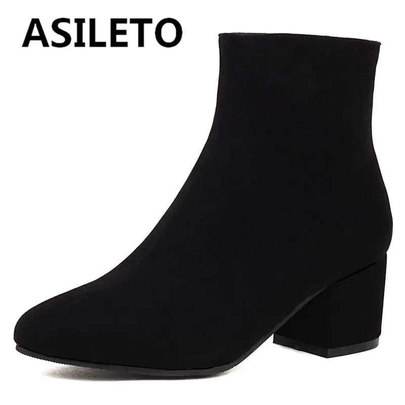 

ASILETO Ladies Ankle Boots 12cm Pointed Toe Block Heels 5.5cm Zipper Flock Suede Big Size 32-44 Casual Retro Footware S4237