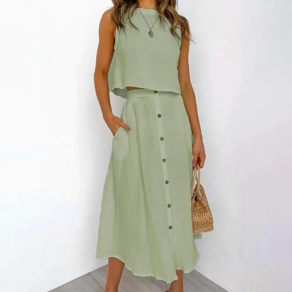 

2Pcs/Set Crew Neck Side Pockets Single Breasted Casual Outfit Solid Color Short Vest Midi Skirt Set Female Clothing