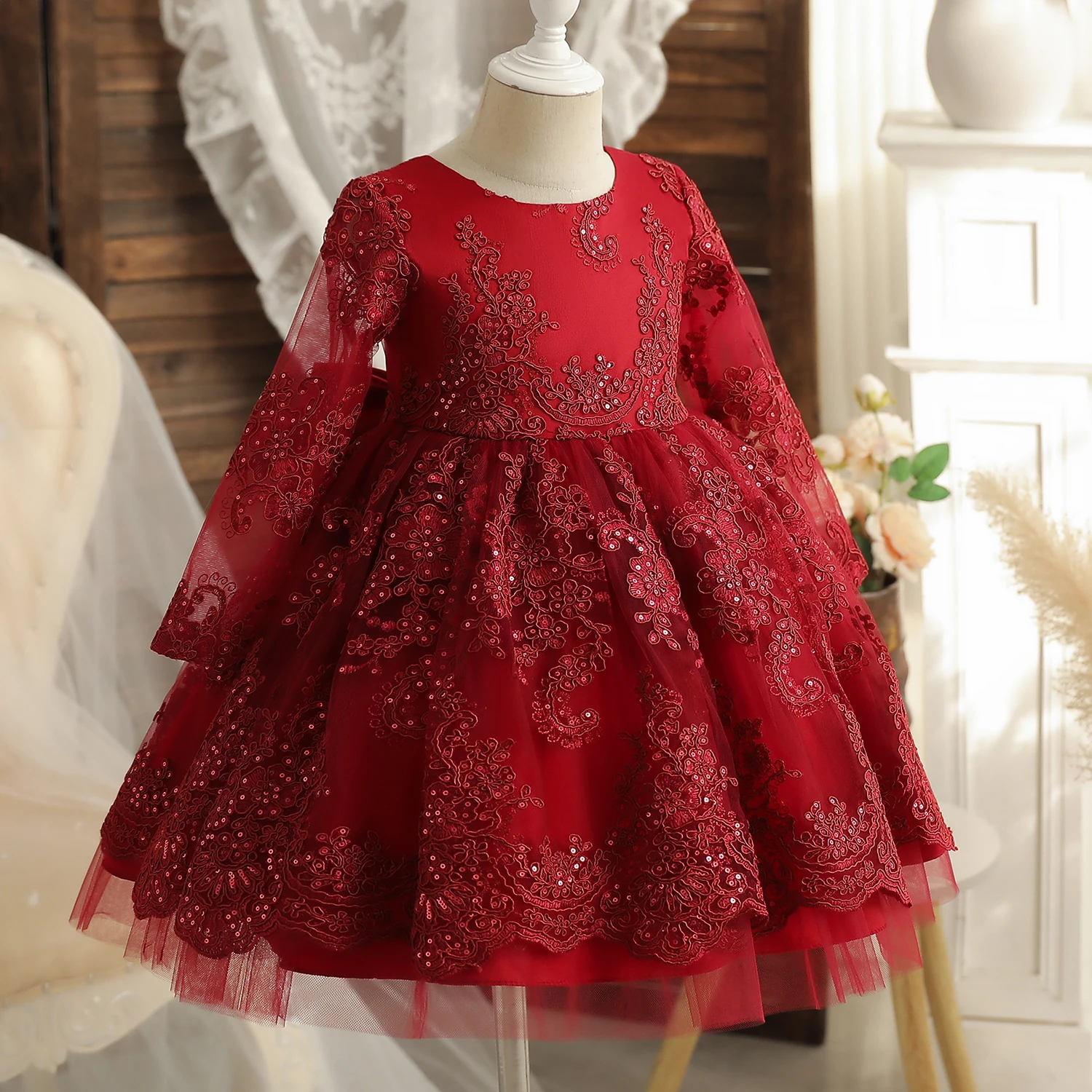 Full Sleeve Autumn Winter Kids Girl Lace Flower Ball Gown Pageant Formal Vestidos Children 1st Birthday Wedding Party Dress 1-5Y images - 6