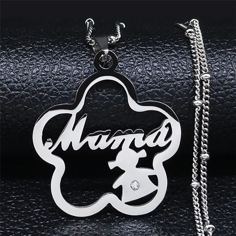 

Fashion Mama Girl Stainless Steel Necklaces for Women Silver Color Flower Necklace Pendant Jewelry Mother's Day Gift N409S07