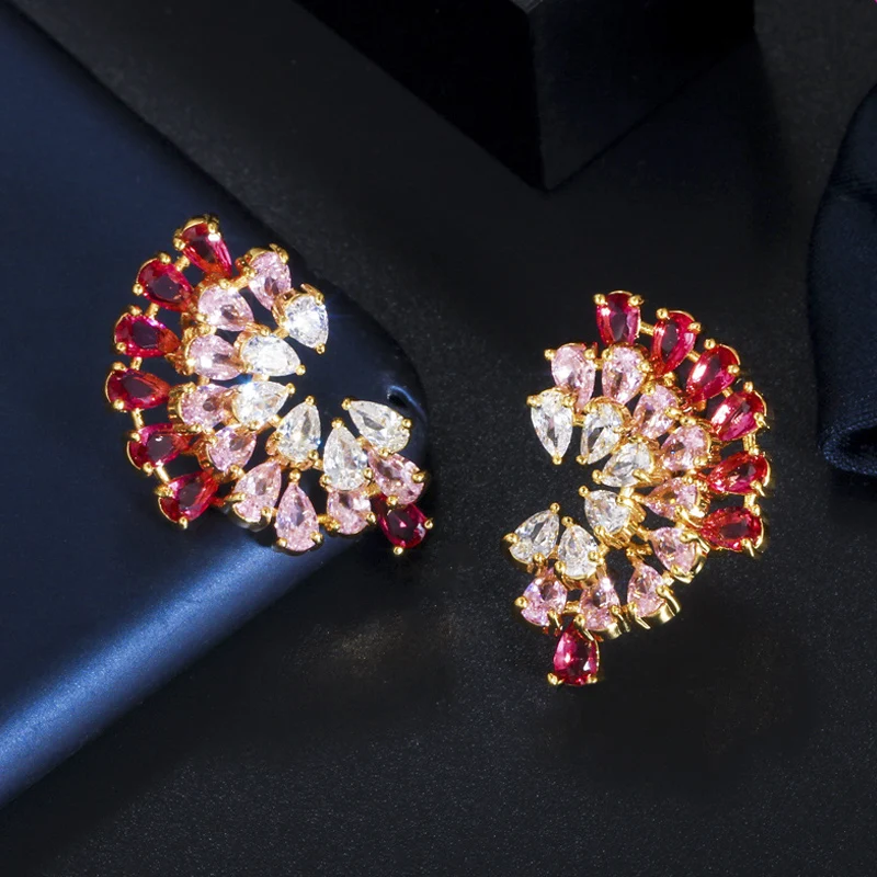 

ThreeGraces Fashion Pink Zircon Gold Color Big Geometric Stud Earrings for Women Elegant Trendy Wedding Party Jewelry Gift E870
