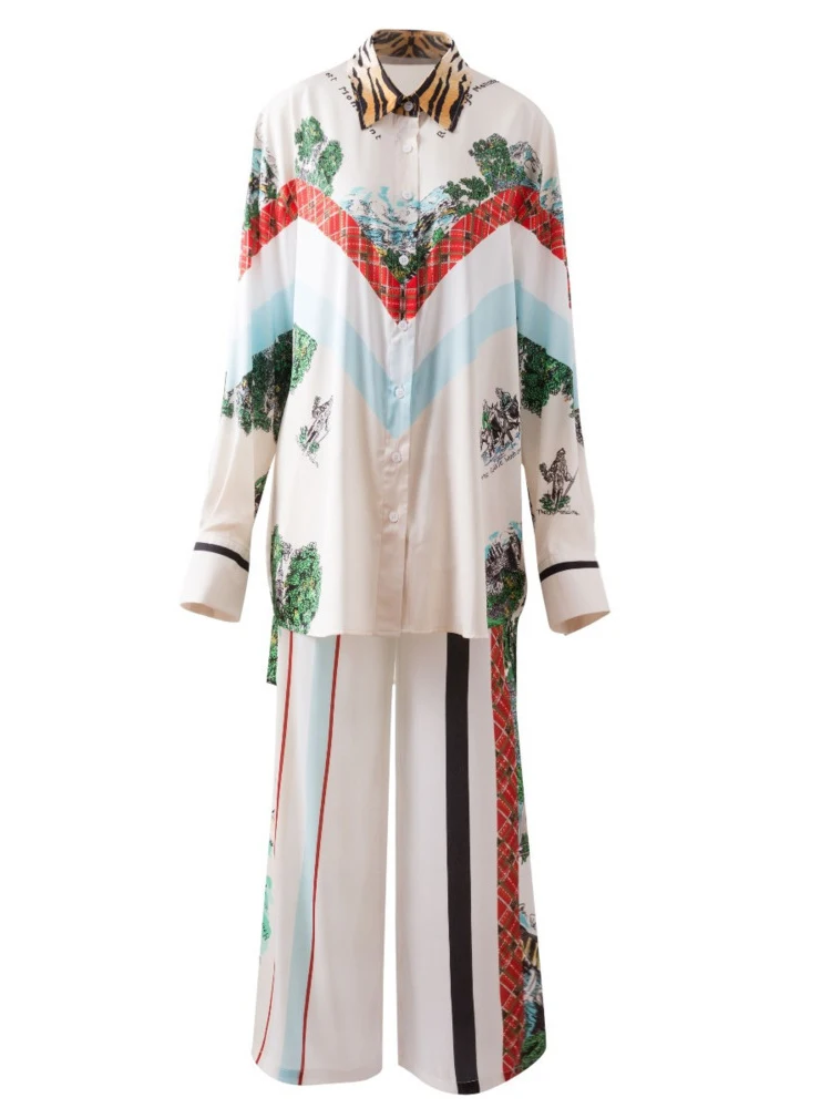 

Women Printing Elegant Two-piece Sets Women Lapel Long Sleeve Shirt + High Waist Wide Leg Pants 2022 Spring Autumn