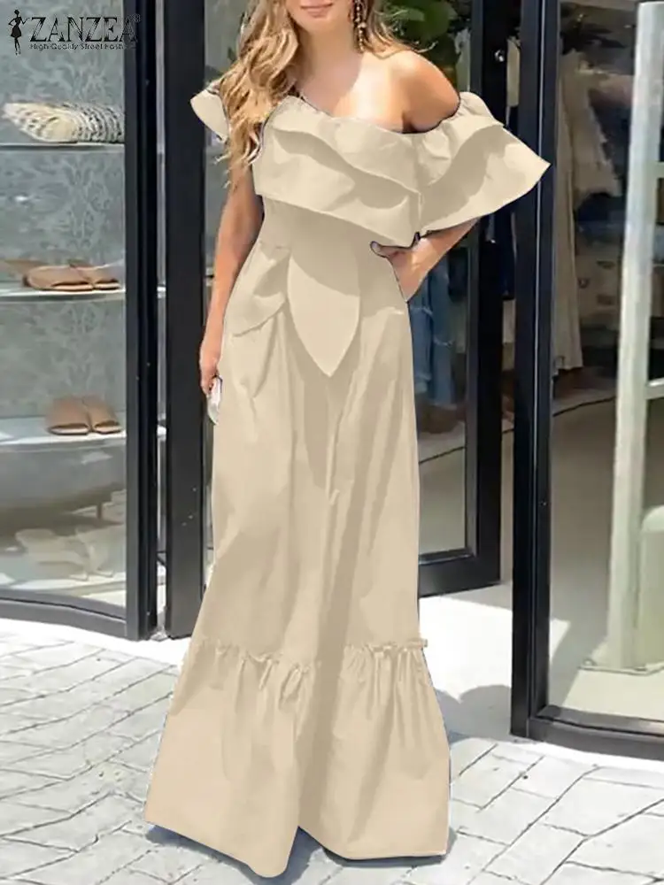 

ZANZEA Women Summer Sundress Ruffles Fashion Party One Shoulder Long Dress Pleated Casual Streetwear Belted Robes Maxi Dresses