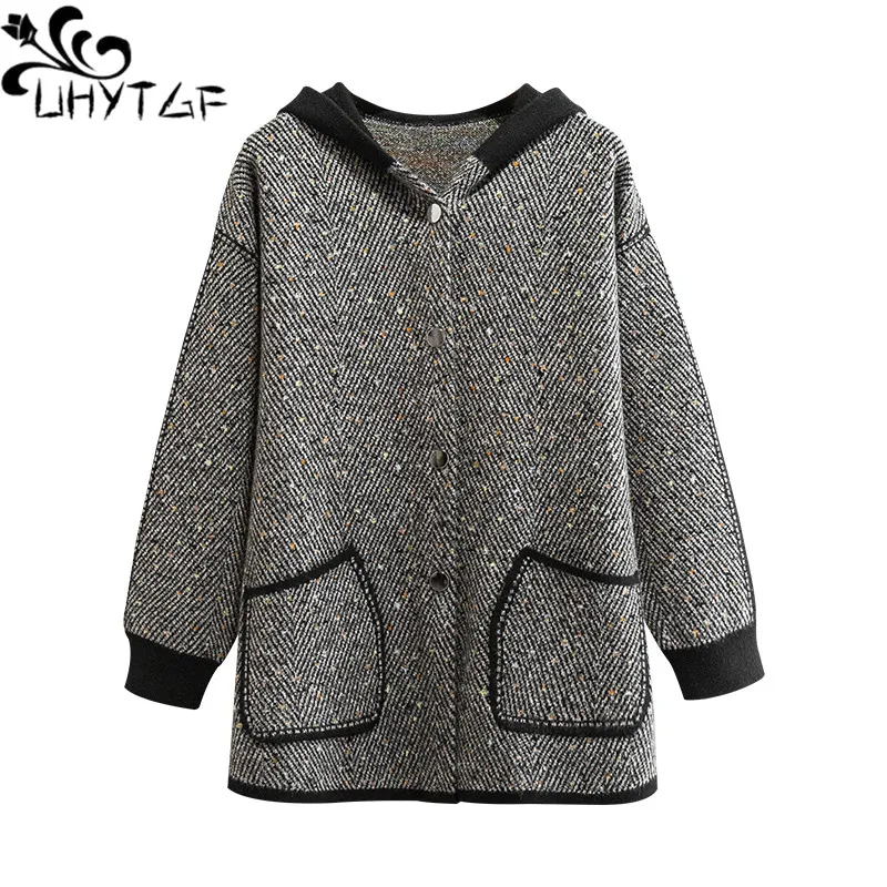

UHYTGF Knitted Cardigan Women Fashion Hooded Casual Warm Mother Short Wool Jacket Single Breasted Loose Plus Size Tops Coat 1930