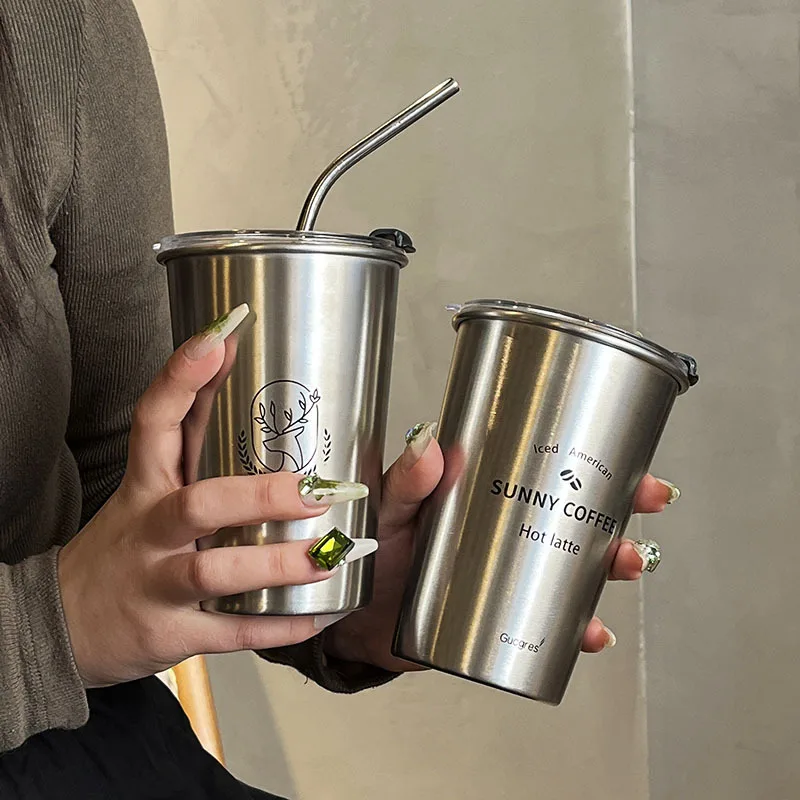 Industrial Style Stainless Steel Household Beer Cup, Anti Drop Tea Cup, Minimalist Internet Red Coffee Portable Cup, Straw Cup