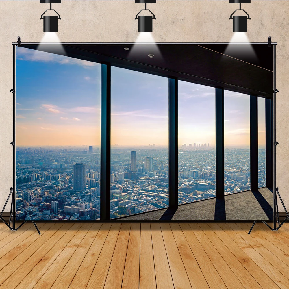 Фон для фотосъемки с изображением здания города пола до потолка окон декор