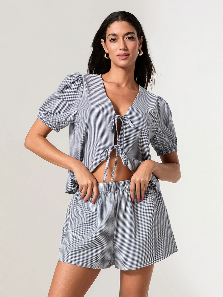 Женский клетчатый наряд свободный топ с v-образным вырезом и пышными рукавами