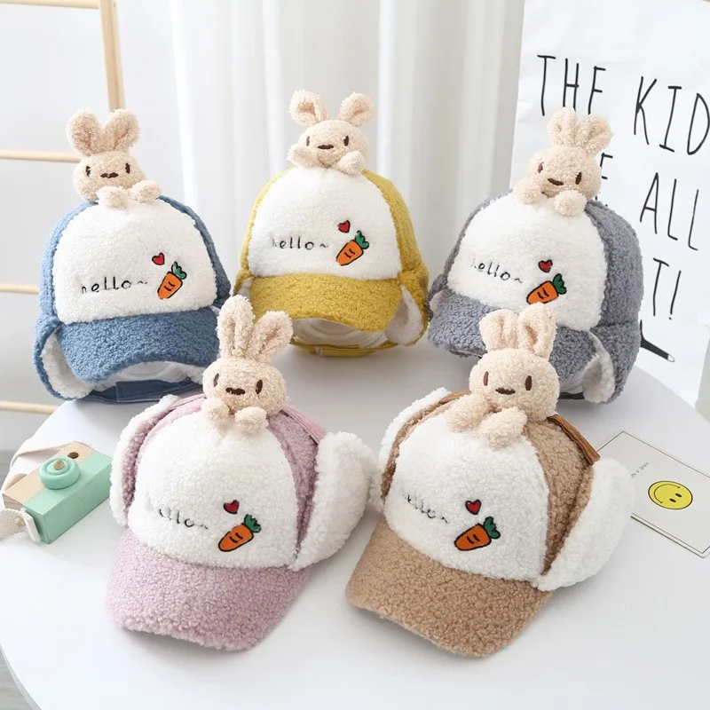 

Winter New Baseball Cap Children Plus Velvet Embroidery Cute Rabbit Lei Feng Cap Baby Kawaii Boys And Girls Thick Warm Baby Cap