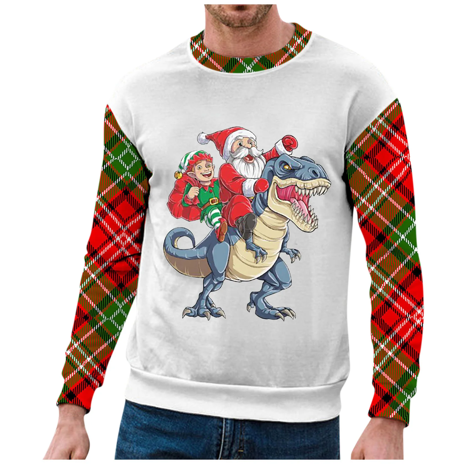 

Свитшот мужской повседневный с длинным рукавом, уличная одежда в стиле хип-хоп, пуловер с круглым вырезом и принтом Санта-Клауса и динозавра, осень