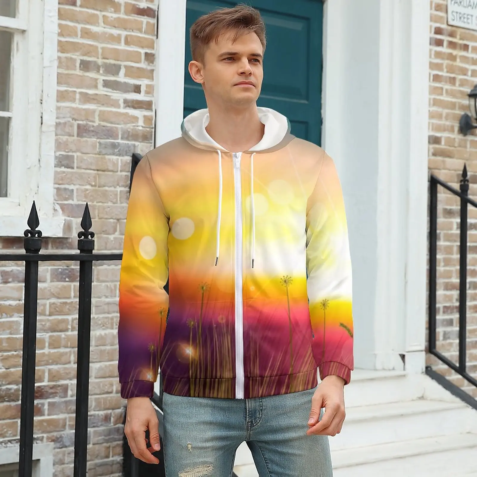 

Sunset Fields Hoodie Bright Print Streetwear Mens Hoodies Mens Autumn Zip Up Hoodie Plus Size
