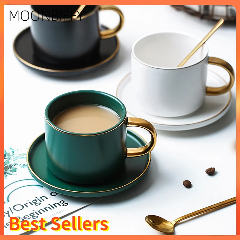 Green Ceramics Coffee latte mug Drinkware Soy Milk Breakfast cup fine bone china cute tumbler tea cups and saucer Spoon set