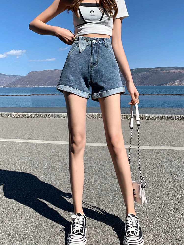 Streetwear Women Asymmetrical Loose High Waist Denim Shorts Spring Summer Female Button Retro Jeans Shorts Bottoms