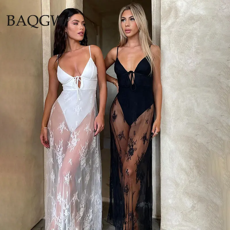 

Женское Сетчатое Прозрачное платье без рукавов, элегантное белое кружевное лоскутное боди на бретелях, длинные пляжные платья