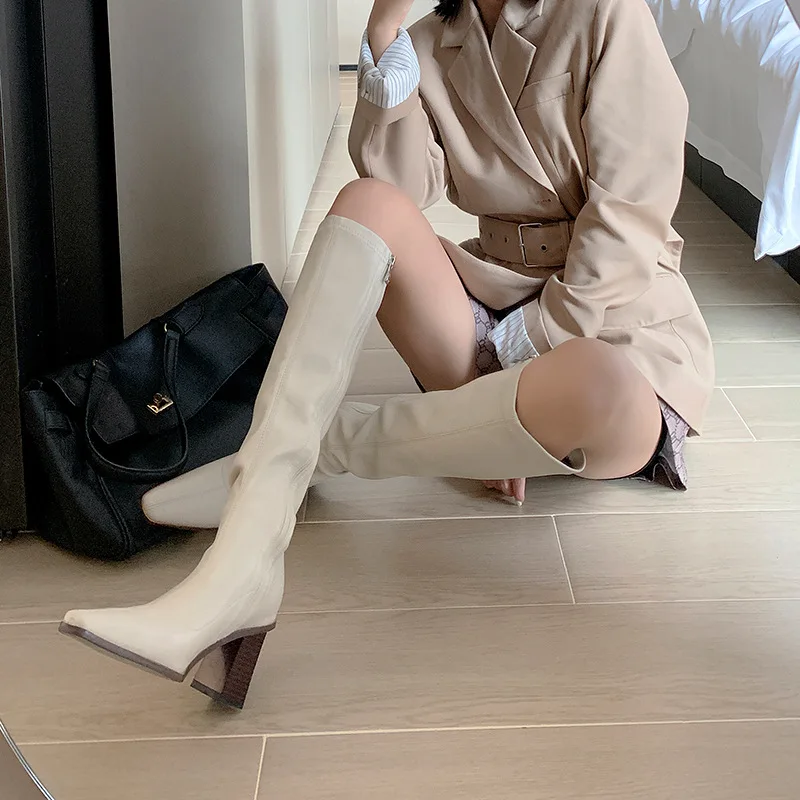 

Женские узкие рыцарские сапоги до колена, модные привлекательные зимние высокие сапоги на квадратном каблуке, на молнии, обувь для женщин