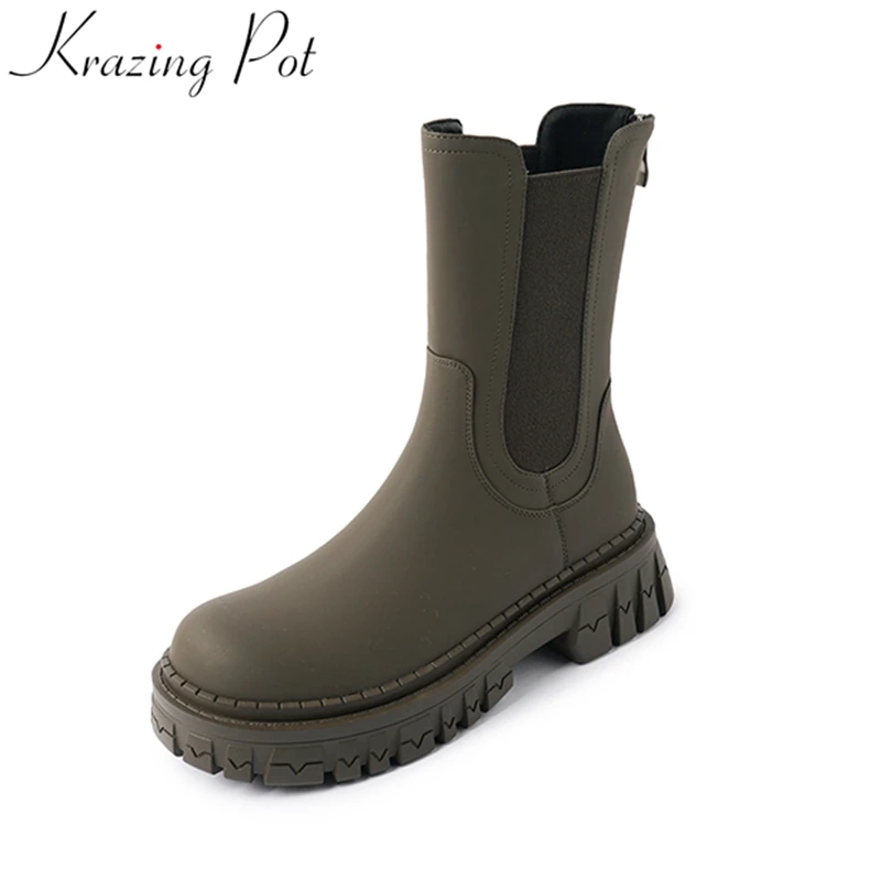 

Krazing Pot Cow Leather Med Heels Slip on Chelsea Boots Platform Fashion Warm Winter Shoes Round Toe Solid Luxury Mid-calf Boots