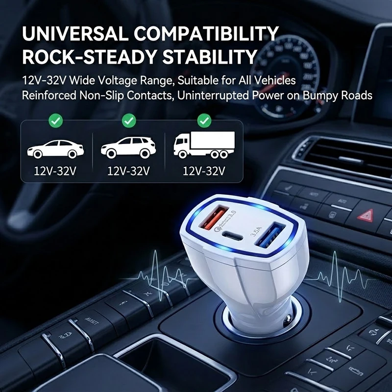 Фото Автомобильное зарядное устройство с быстрой зарядкой, 3 порта, QC 3.0, 7А, высокая мощность, Type-C USB, для телефона, с интеллектуальным чипом, 12В-32В, универсальное №2
