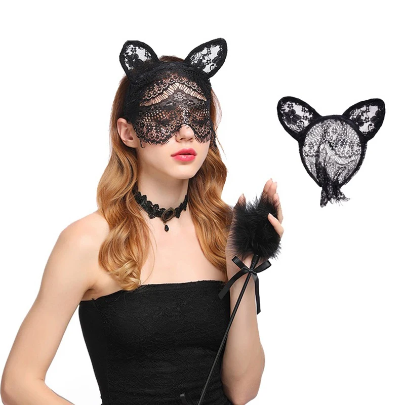 

Sexy Lace Cat Ears Veil Headbands Black Hairbands Eye Mask Anime Cat Girl Cosplay Hair Accessories for Women Girls Christmas