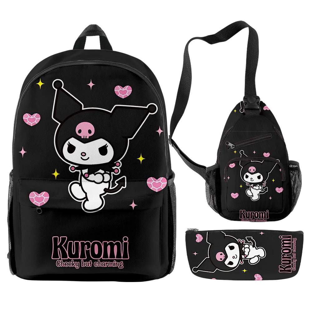 

Three-piece Set Of 3D New Product Printing Kuromi Kuromi Student Schoolbag Two-dimensional Backpack Messenger Bag Pencil Case