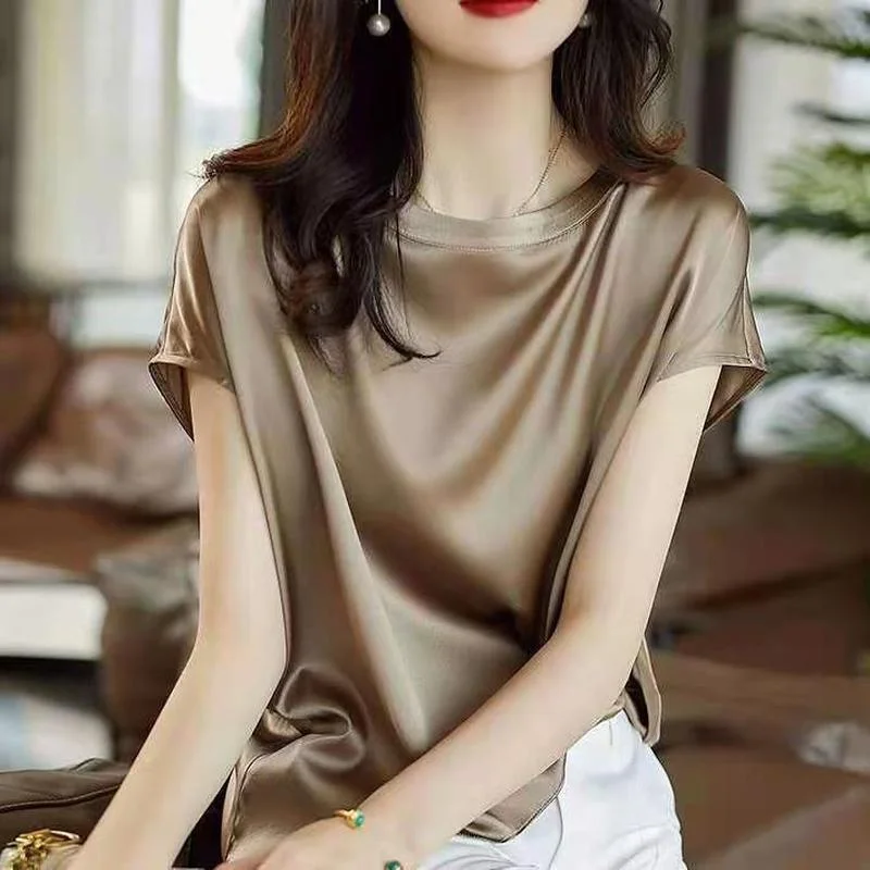Faux Silk Thin Short Sleeve Tees Korean Style Slip Woman Summer Clothes Elegant Black Brown Tops Solid Loose Casual Fashion 4XL