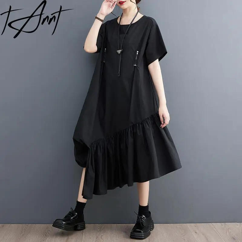

Tannt Women Dress Asymmetry Short Sleeves Shirts Dresses Irregular Black Long Casual Cheap Casual Women's Dresses 2023 New