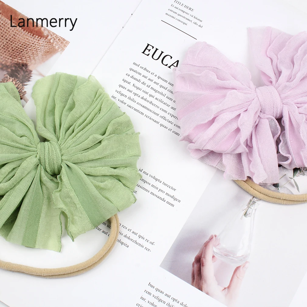 Повязка на голову детская с бантом нейлоновая мягкая кружевная лента для волос