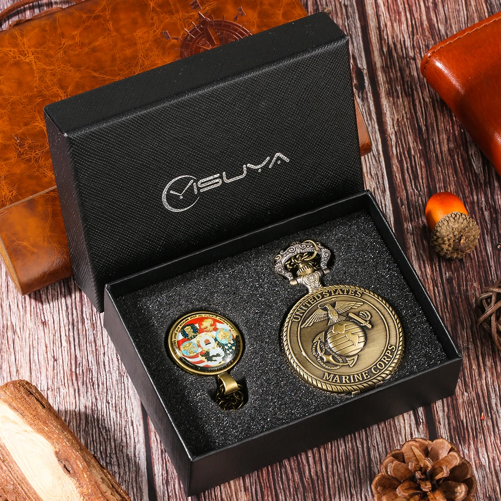 Bronze Vintage Pocket Watch U.S. Veterans Memorial Collection Gifts Set for Men Pedent Necklace Pocket Watch Fob Chain Clock