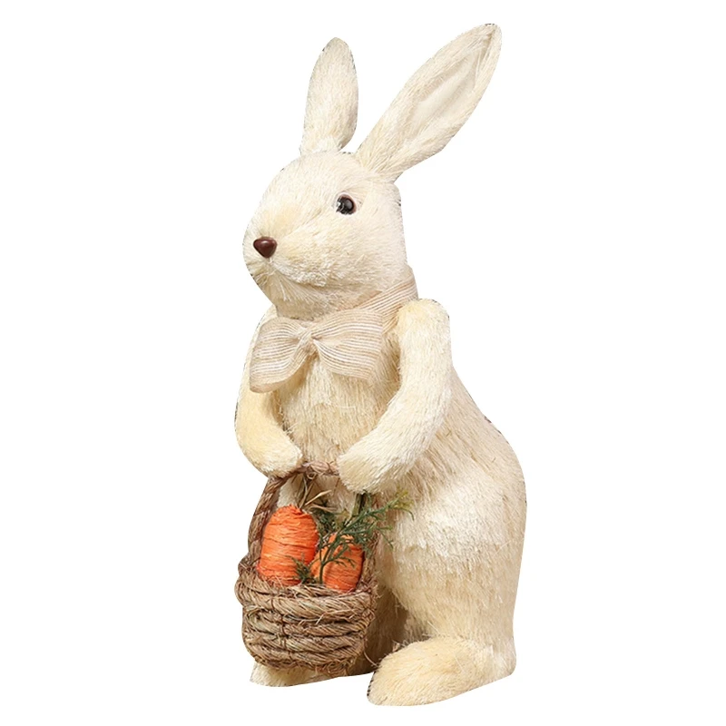 

Easter Straw Bowknot Bunny Ornament with Carrot Basket Handmade Artificial Cute Rabbit Figurine Standing for Doll Decora