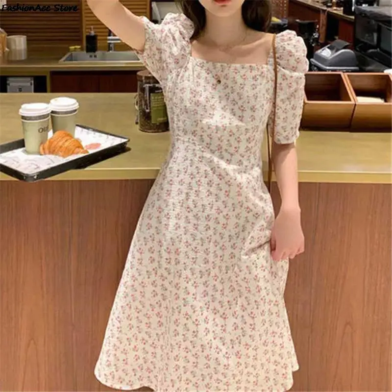 

Dresses Women Puff Sleeve Sweet Korean Style Square Collar High Waist A-line Fresh Knee-length Chic Lady Elegant Tender Summer