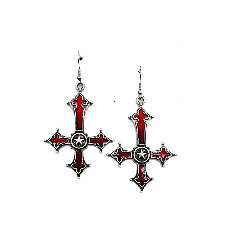 

New Dark Gothic Religious Style Inverted Cross Dull Pentagram Earrings for Women's Fashion Punk Accessories Jewelry Gift