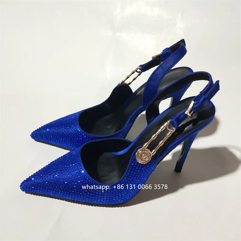 

Full Crystal Slingback Pumps Women Bling Buckle Stiletto High Heels Pointy toe Pumps Shoes Women Large size 34-43