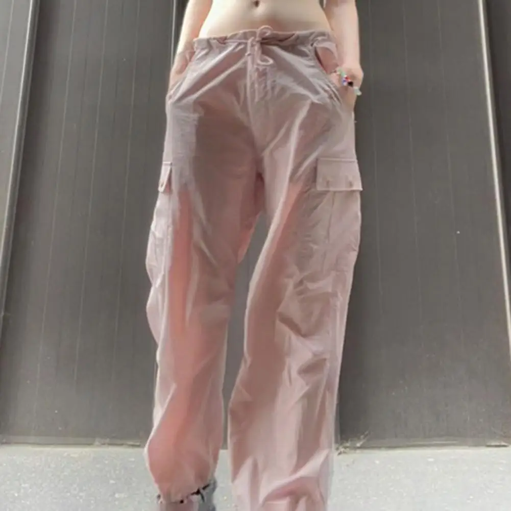 

Skin-touching Pure Colors Women Multi Pockets Wide Leg Cargo Trousers Female Clothing