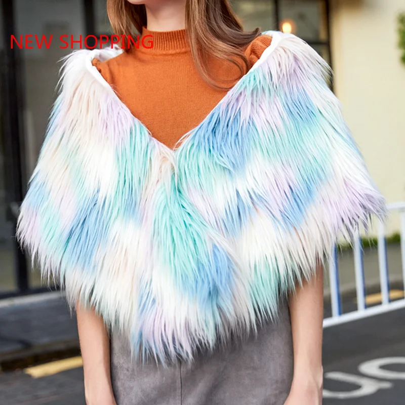 2021 Women's Winter Jacket Faux Fur High Quality Fashion Waistcoat Multicolor Hairy Natural Furry Women V-Neck Female Fur Tops