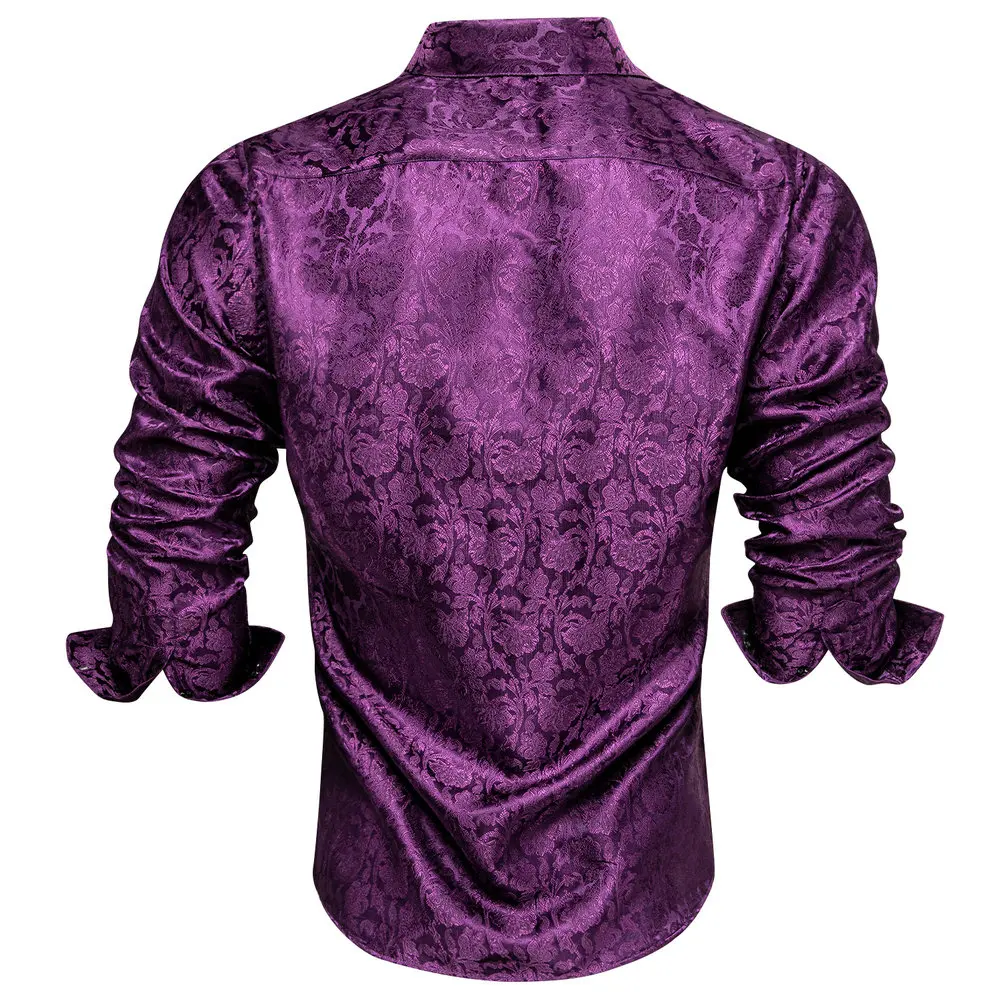 Exquisite Dark Purple Flower Long Sleeve Polyester Mens Shirt Autumn Fashion Casual Jacquard Lapel Pattern Business Barry.Wang