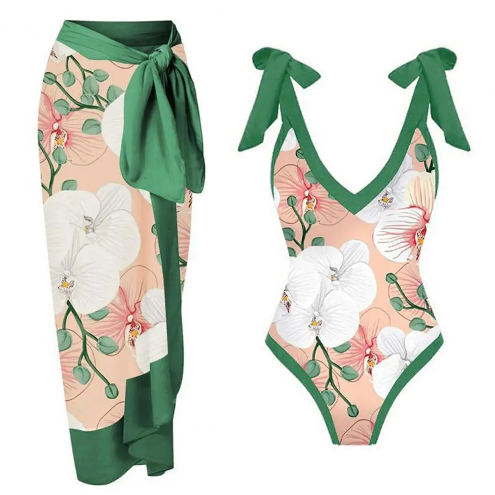 

Stylish Swimsuit Cover Up Backless Skinny Floral Pattern Romper Bikini Skirt Adjustable Straps Bodysuit Swimwear Beachwear