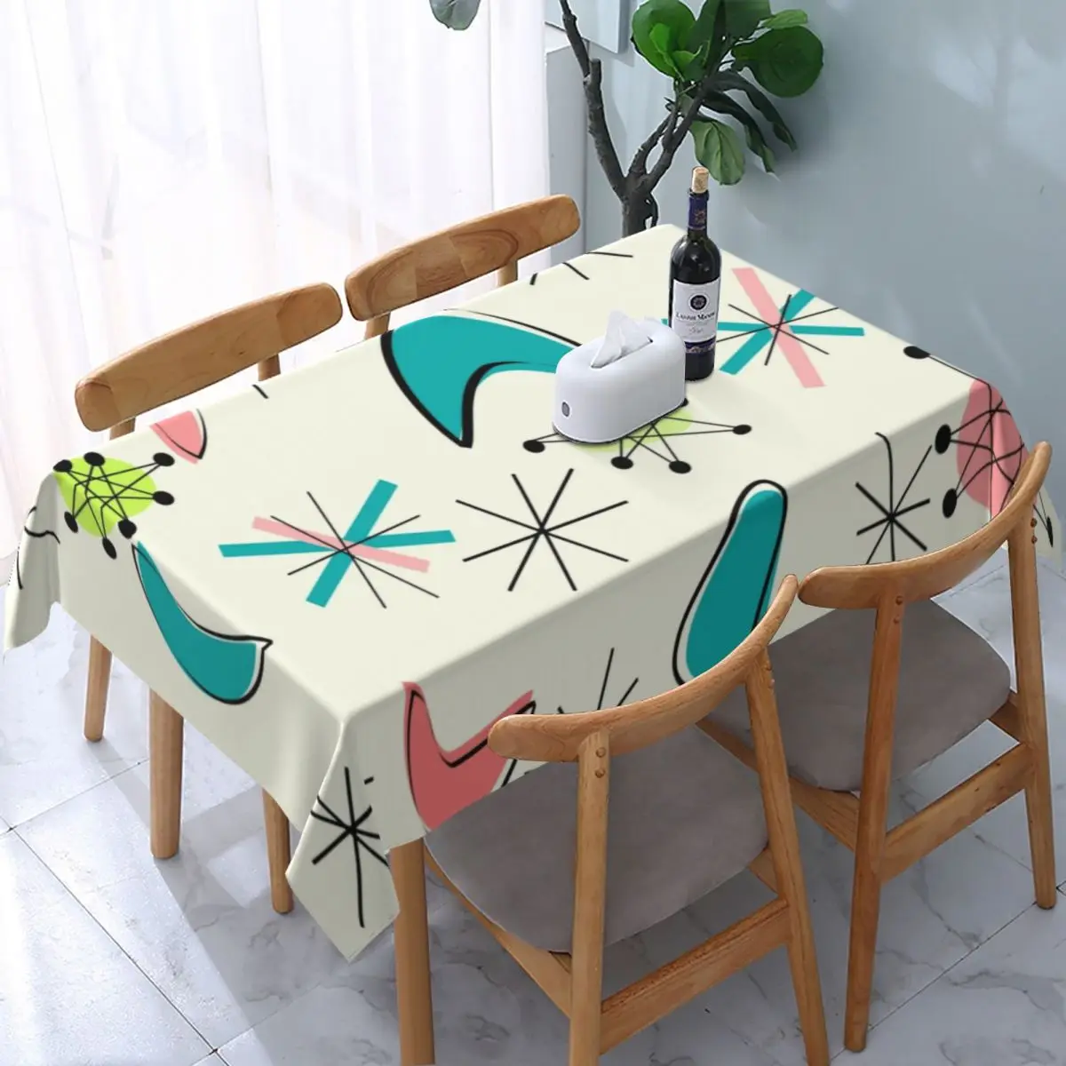 

Waterproof Minimalist Mid Century Atomic Age Inspired Table Cover Geometric Table Cloth Backing Edge Tablecloth for Dining
