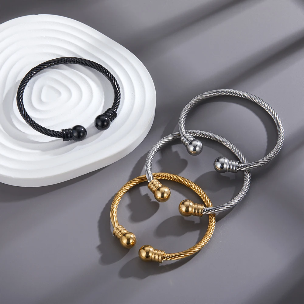 

316L Stainless Steel Charm Ball Open Cuff Bangle Women Bracelet Stainless Steel Gold Color Wire Rope Women Bangle FashionJewelry