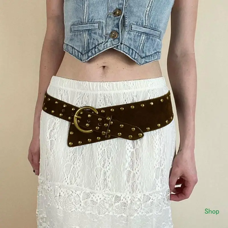 

L5YC Durable Studded Belt Punk Waist Belt for Women Vintage Dressing Prong Buckle