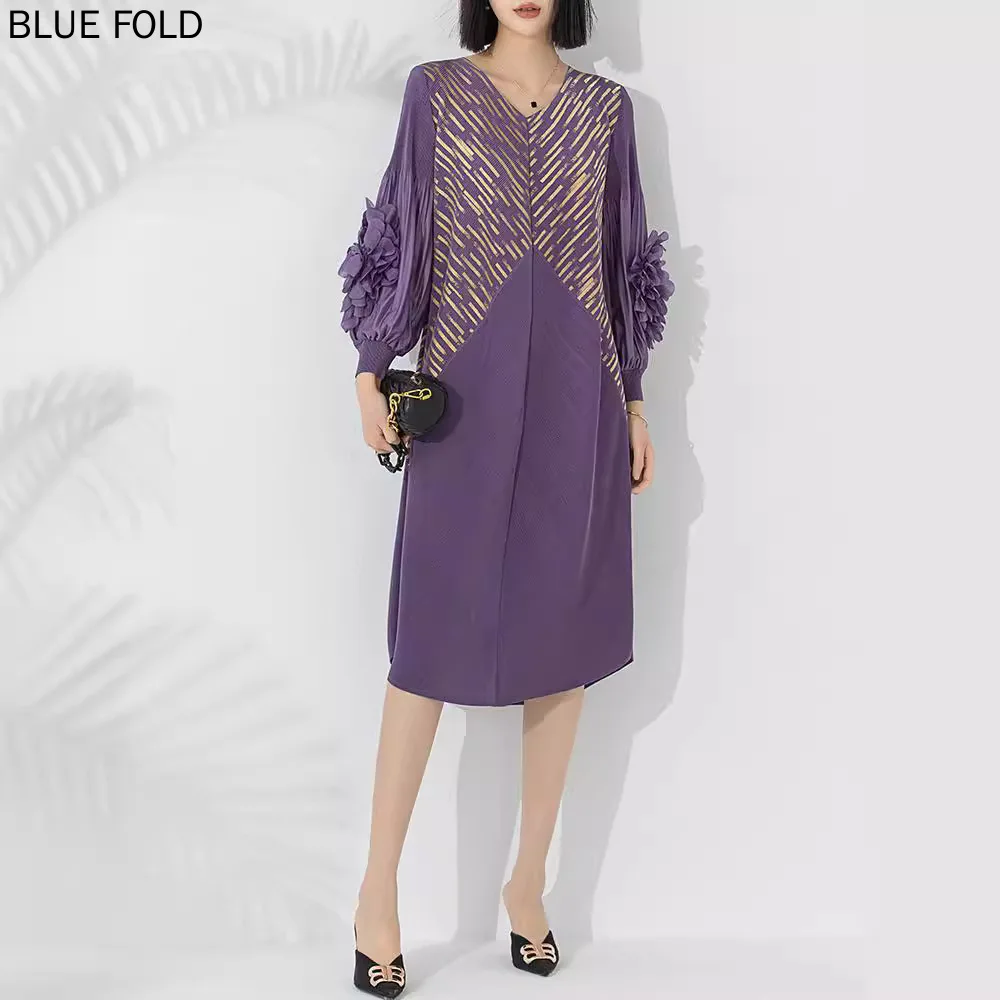 Женское плиссированное платье миаке с V-образным вырезом и рукавами-фонариками