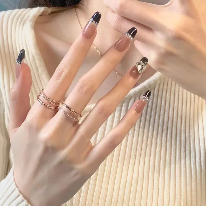 

2021 24 шт длинный черный пресс на ногтях блестящие стразы дизайн сердца искусственные ногти полное покрытие для женщин и девочек