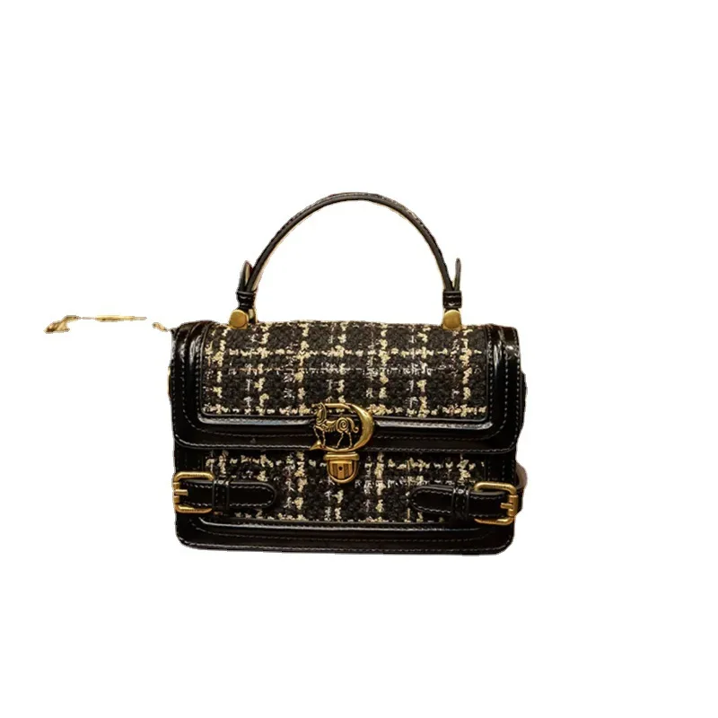 Woolen Plaid Lock Button Small Square Handbag  Women's Bag 2023 New  High Sense Versatile Fashion One Shoulder Satchels