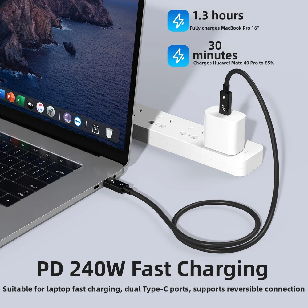 Фото Кабель для передачи данных Thunderbolt 5/4/3, 240 Вт, 120 Гбит/с, 5А, USB-C Type-C, для быстрой зарядки iPhone 15/16/17, Air, SSD, планшетов, ноутбуков, MacBook №4