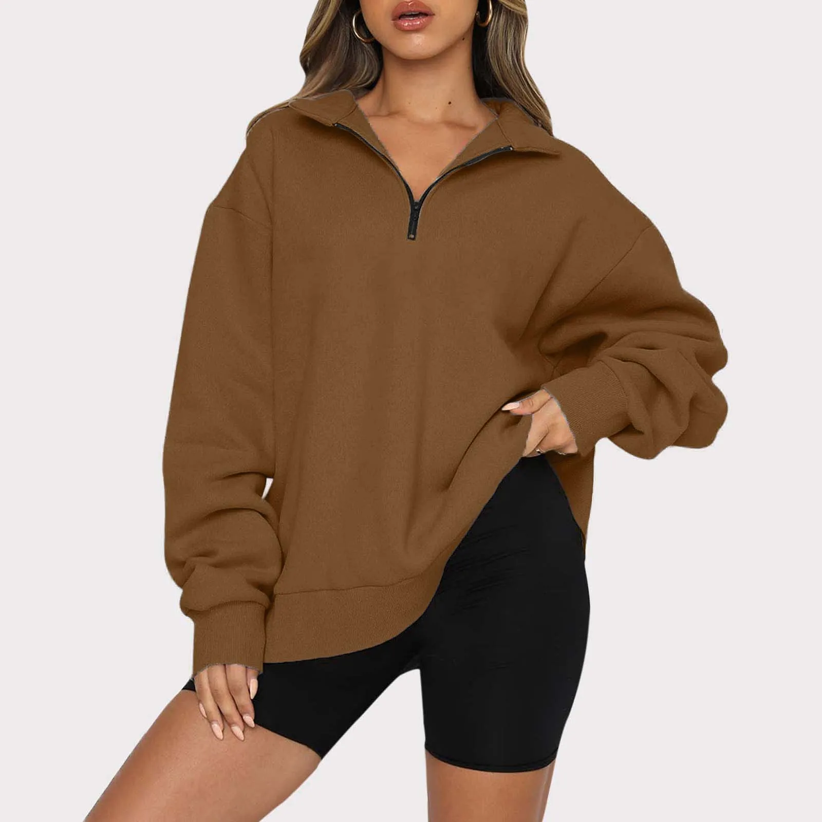 

Womens Quarter Zip Sweatshirt Pullover Long Sleeve Hoodie Oversize American Vintage Fashion Sports Tracksuit Basic Pullovers 90s
