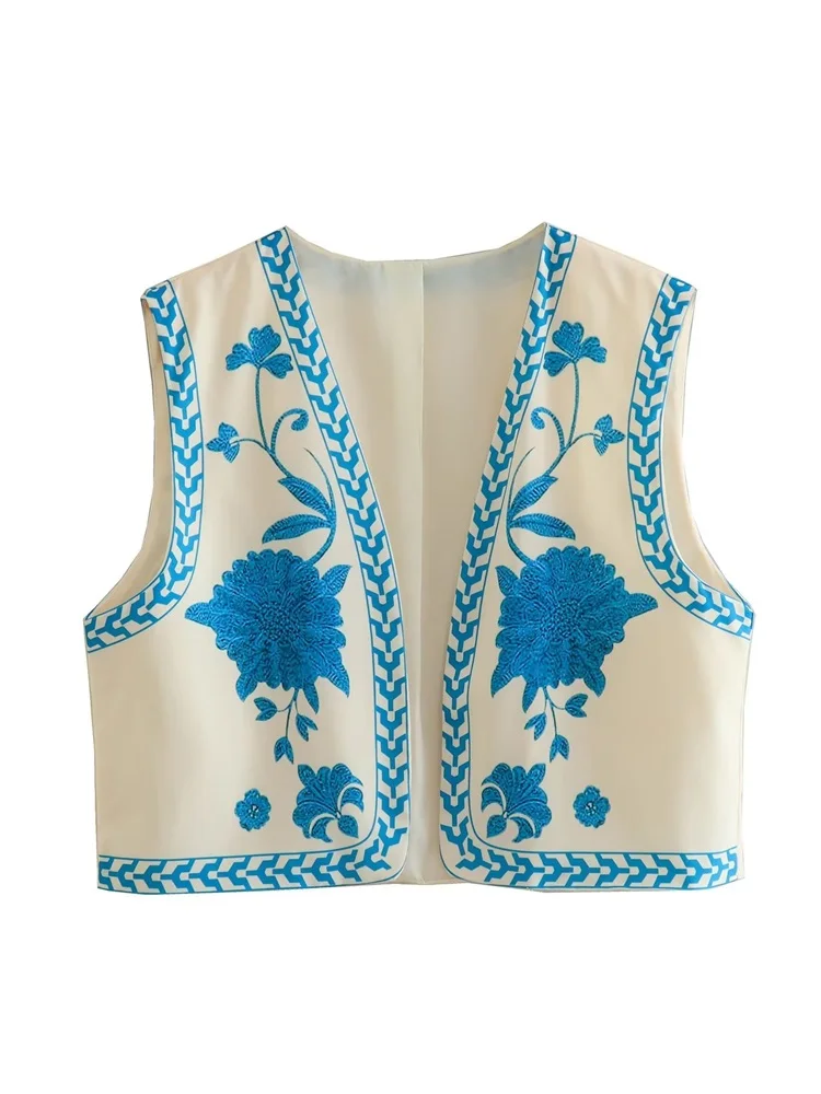

MESTTRAF Sexy Design 2023 Y2K Contrast Printed Cropped Open Waistcoat Vintage V Neck Sleeveless Female Outerwear Chic Tops
